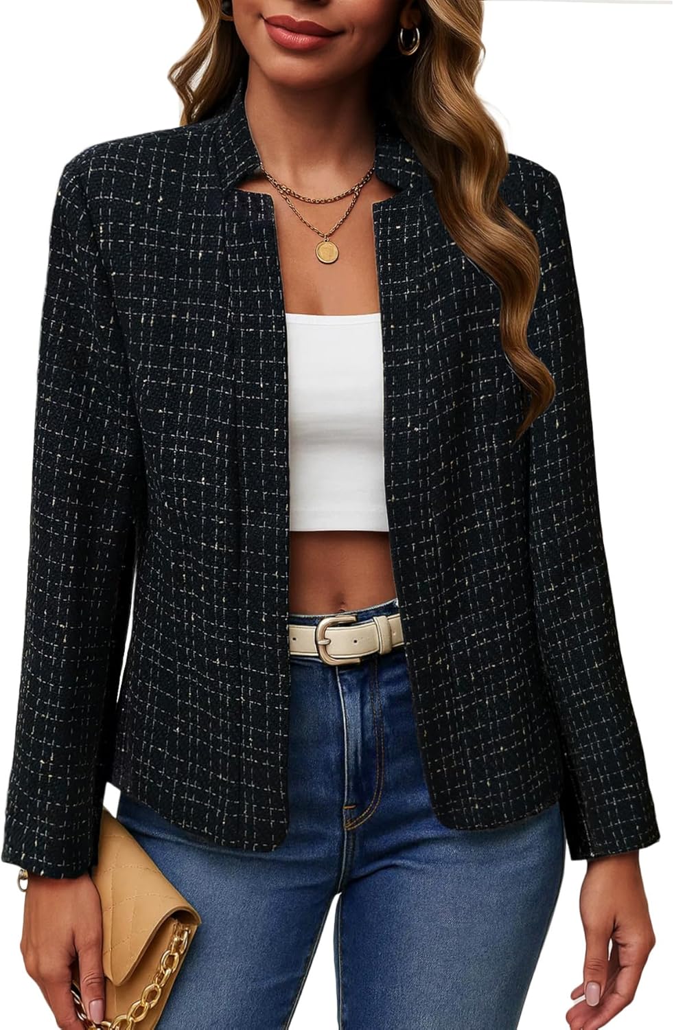 Mina Self Women's Tweed Plaid Blazer Jacket for Elegant Style