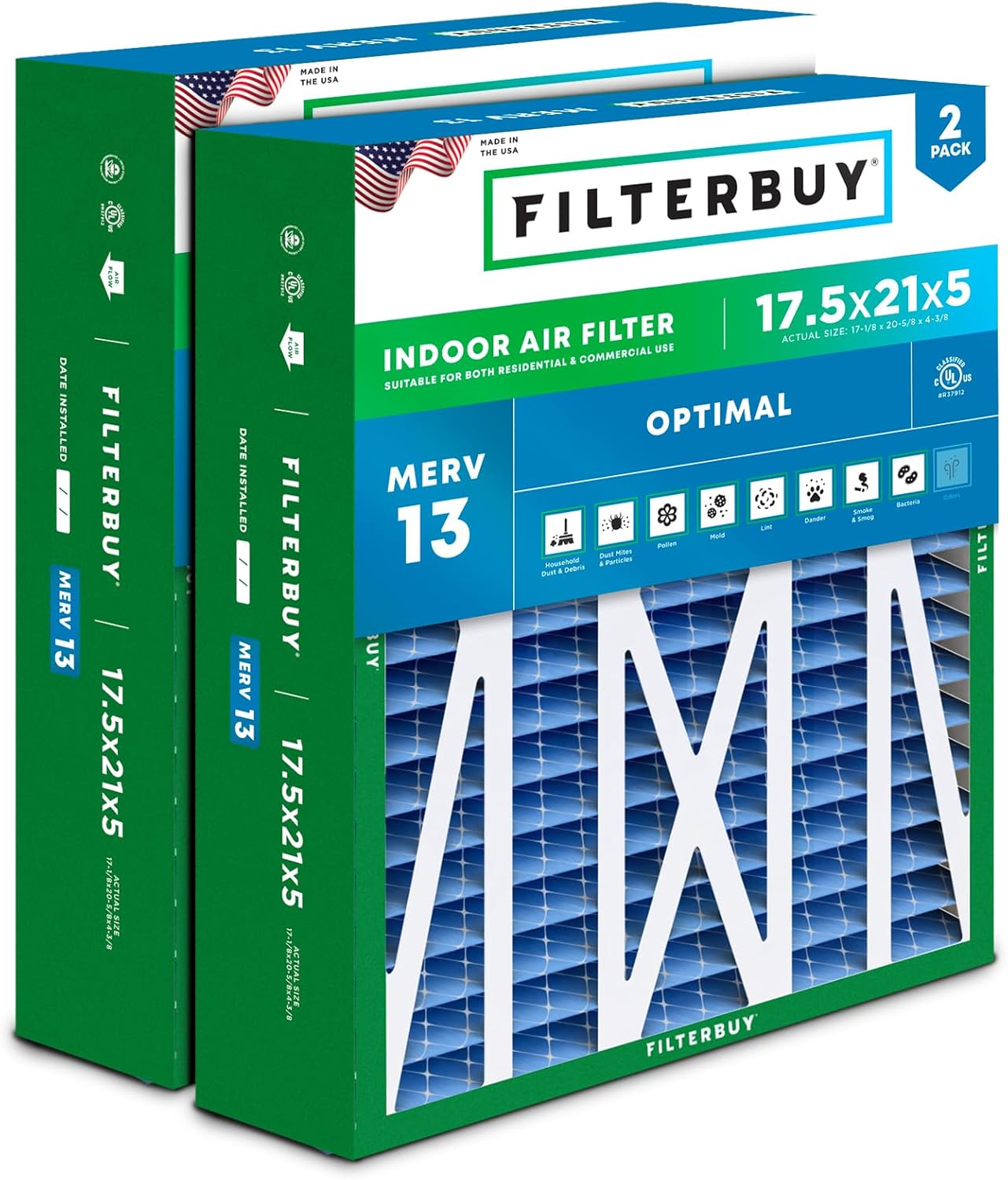 Filterbuy 17.5x21x5 Air Filter MERV 13 for Smoke & Allergies