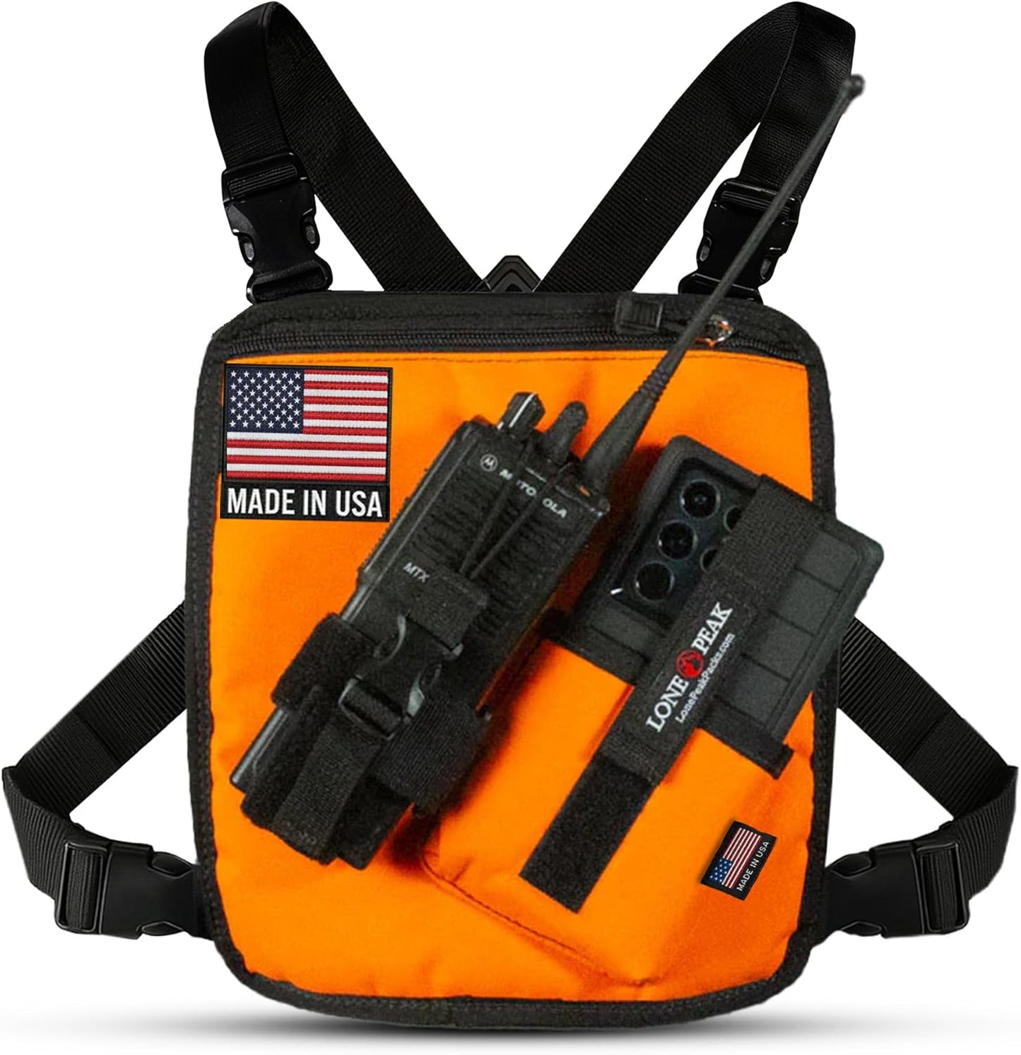 Lone Peak Orange Padded Radio Chest Harness for Outdoor Use