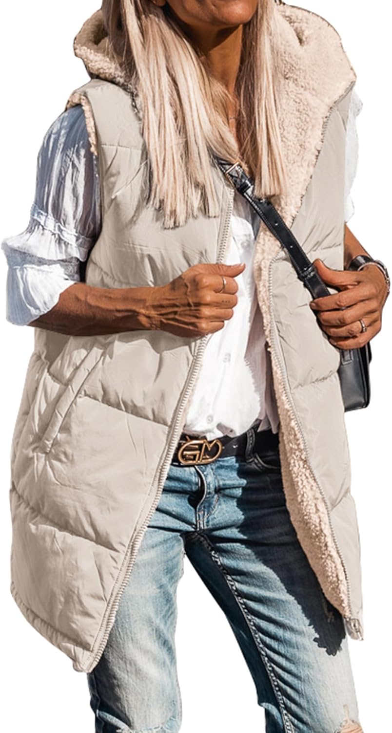 Long Puffer Vest for Women - Reversible Hooded Sherpa Jacket