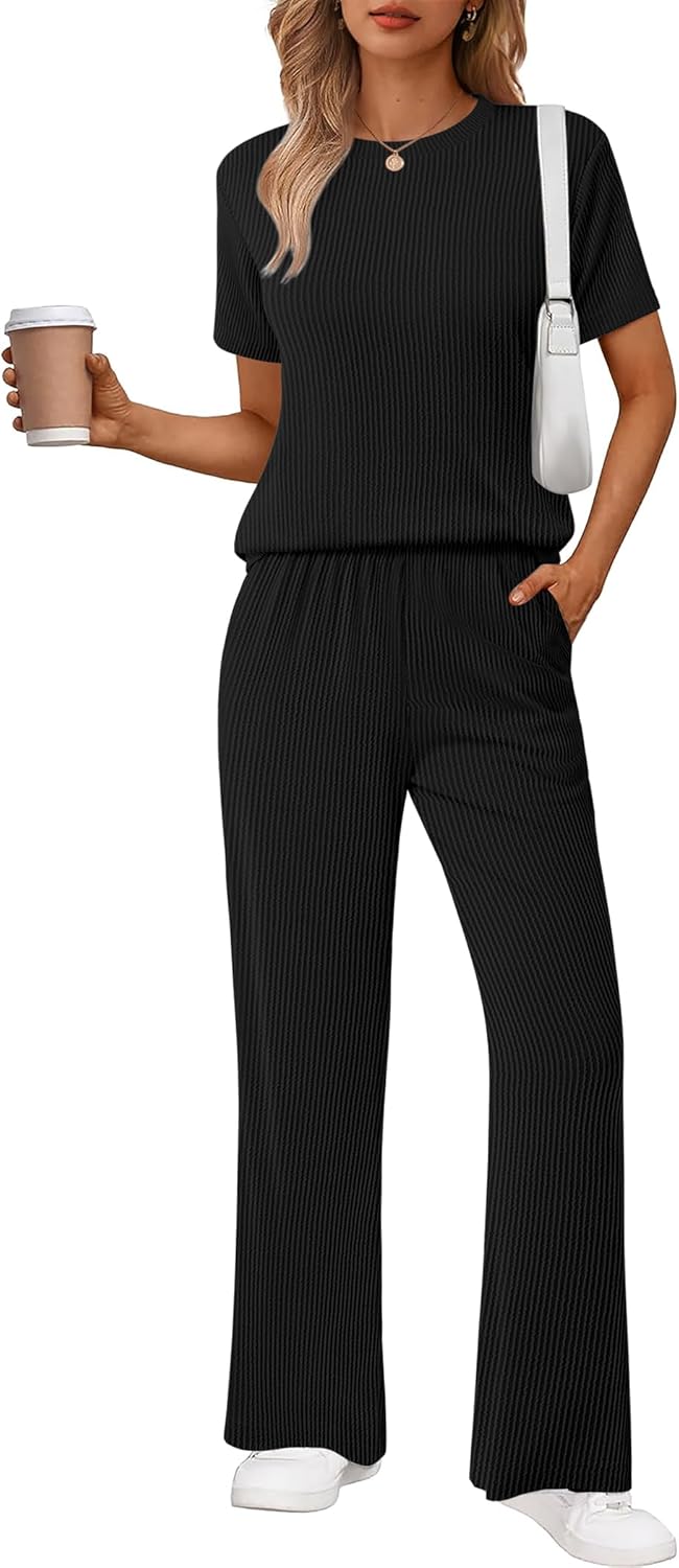 Ekouaer Lounge Set for Women: Soft Ribbed Knit Pajamas with Pockets