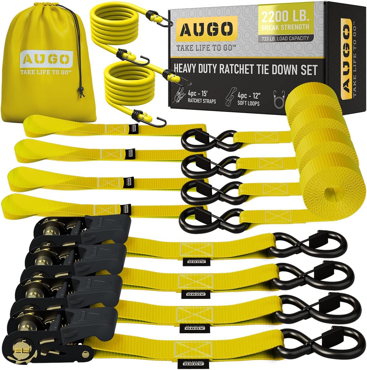 AUGO Heavy Duty Ratchet Straps 15 Ft - 2200 LB Break Strength