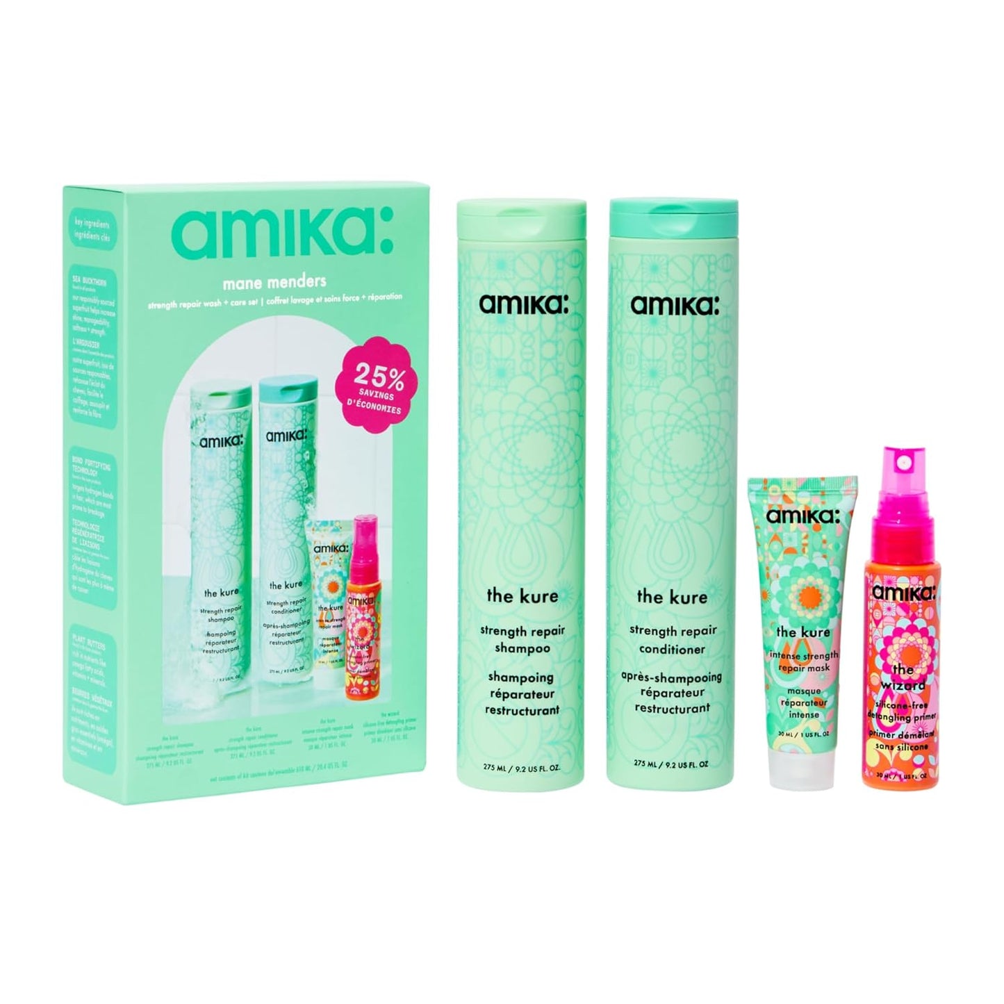 amika mane menders strength repair wash + care set for hair