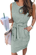 Womens Sleeveless Striped T Shirt Dress - Tie Waist Mini