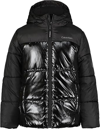 Calvin Klein Boys' Heavyweight Hooded Bubble Jacket for Winter