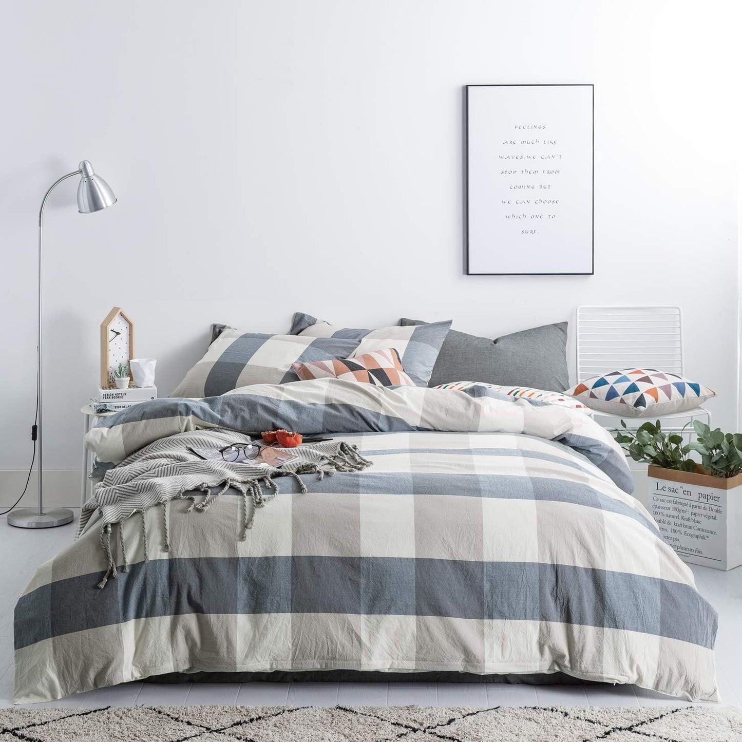 SUSYBAO Checkered Duvet Cover King Set in Blue Plaid Style