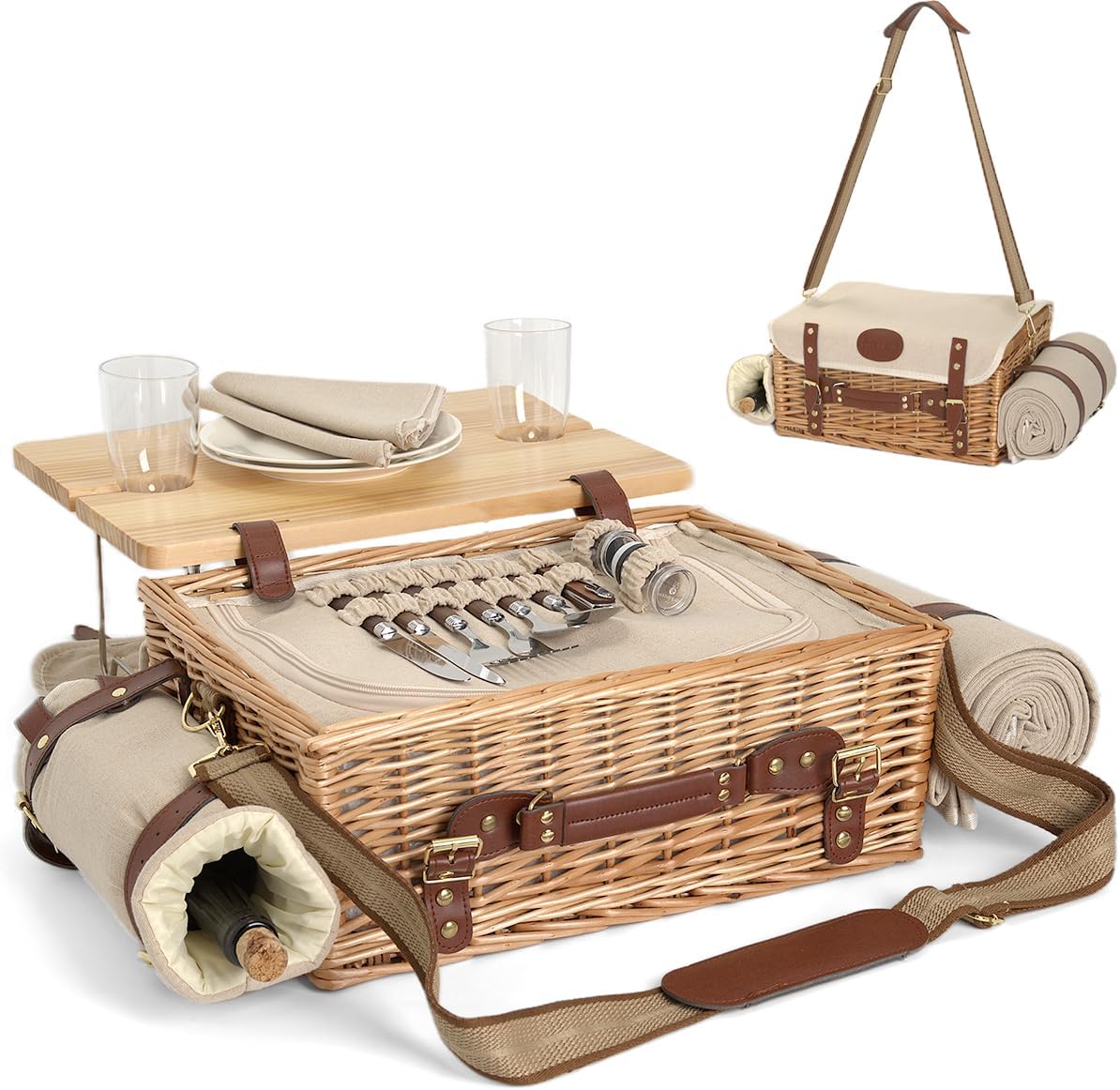Multifunctional Wicker Picnic Basket Set for 2 with Blanket