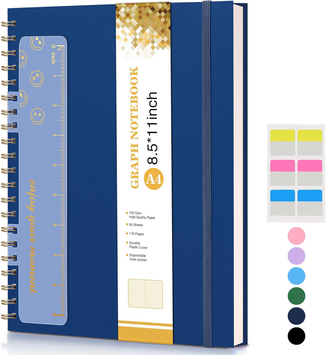 Spiral Graph Notebook 8.5x11 - 100 GSM Grid, Navy
