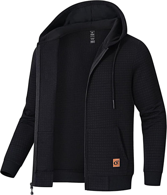 Men's Jacquard Plaid Lightweight Zipper Hoodie Sweatshirt Jacket