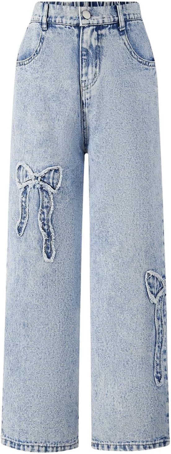 WDIRARA Girl's Bowknot Print Washed Jean Elastic Waist Pants