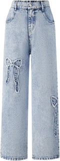 WDIRARA Girl's Bowknot Print Washed High Rise Straight Leg Jeans knots