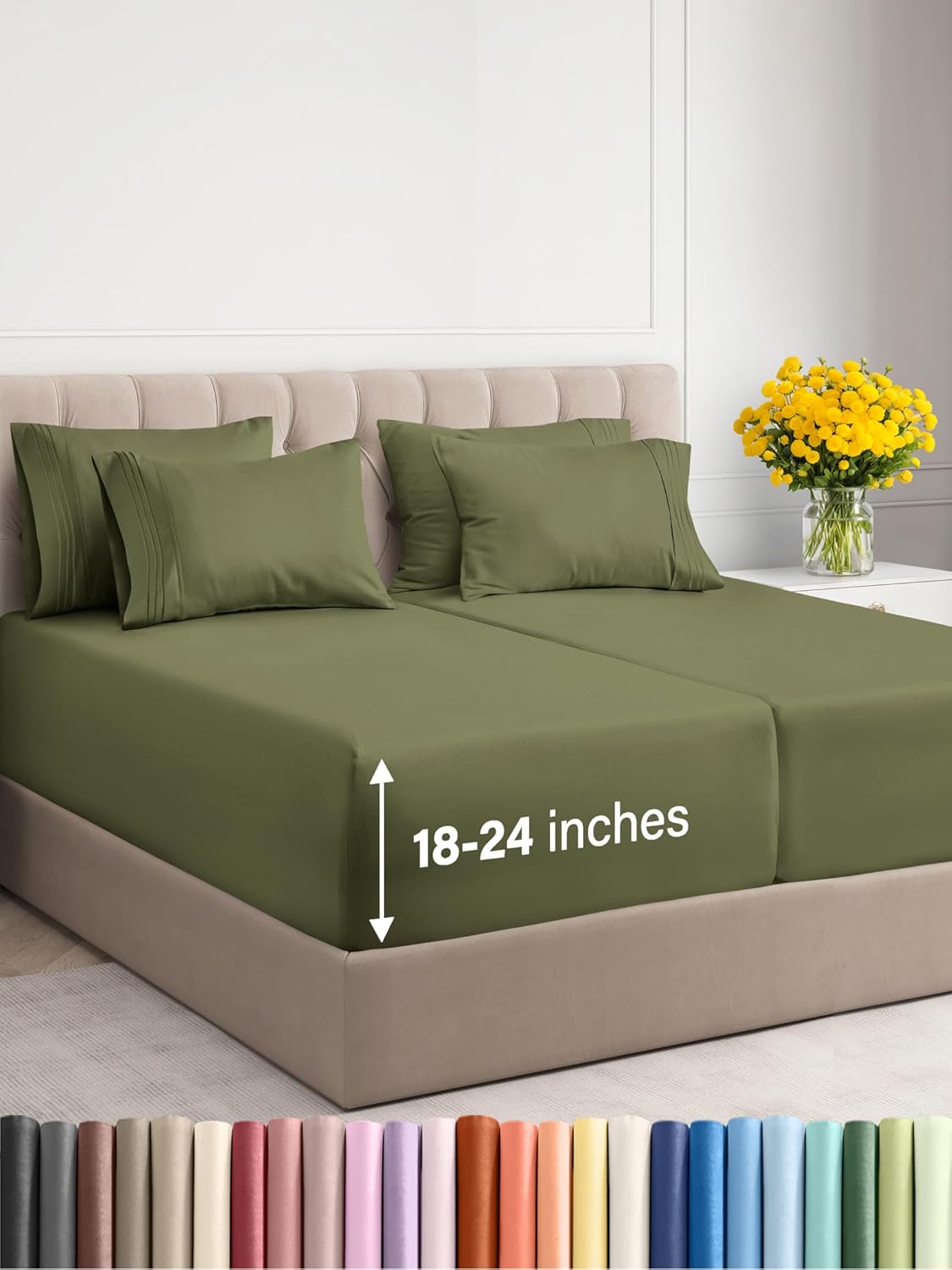 Ultra Cool Split King Sheets - 7pc Hotel Luxury - 24 Deep Pockets - Wrinkle-Free - Sage Green