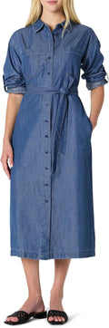 Women's Regular-Fit Denim Chambray Midi Shirt Dress - Lightweight