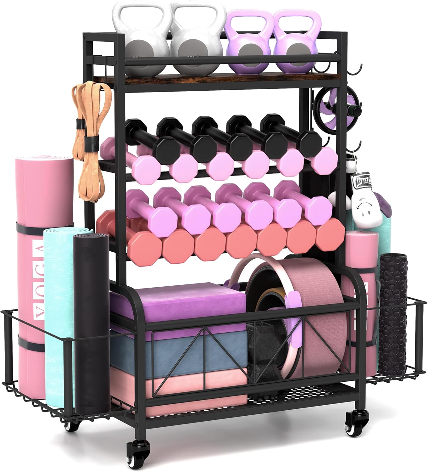 Dumbbell Rack with Hooks & Wheels - Organize Your Home Gym