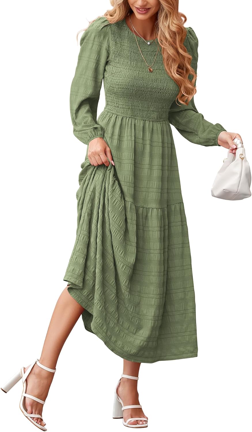 Dowerme Women's Puff Long Sleeve A-Line Maxi Dress for Fall