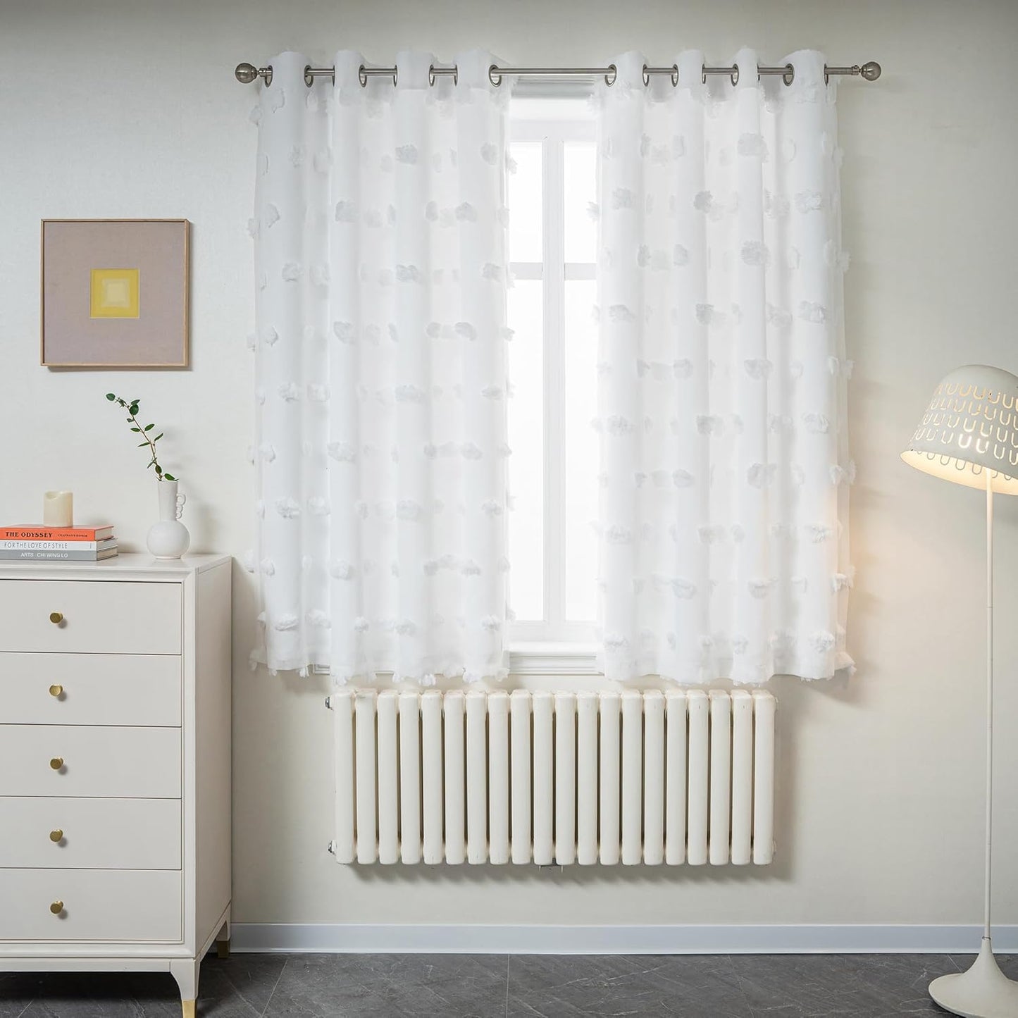 MYSKY HOME White Curtains for Bedroom with Pom Pom Design