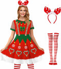 Christmas Elf Costume Short Sleeve Red Green Graphic Swing Dress