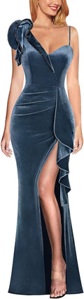 Womens One Shoulder Ruffle Beaded Strap Maxi Dress - Elegant Prom Gown