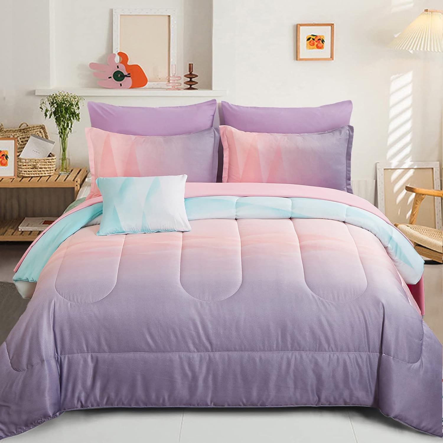 Dinjoy Reversible Girls Comforter Set Full Size Colorful Bedding