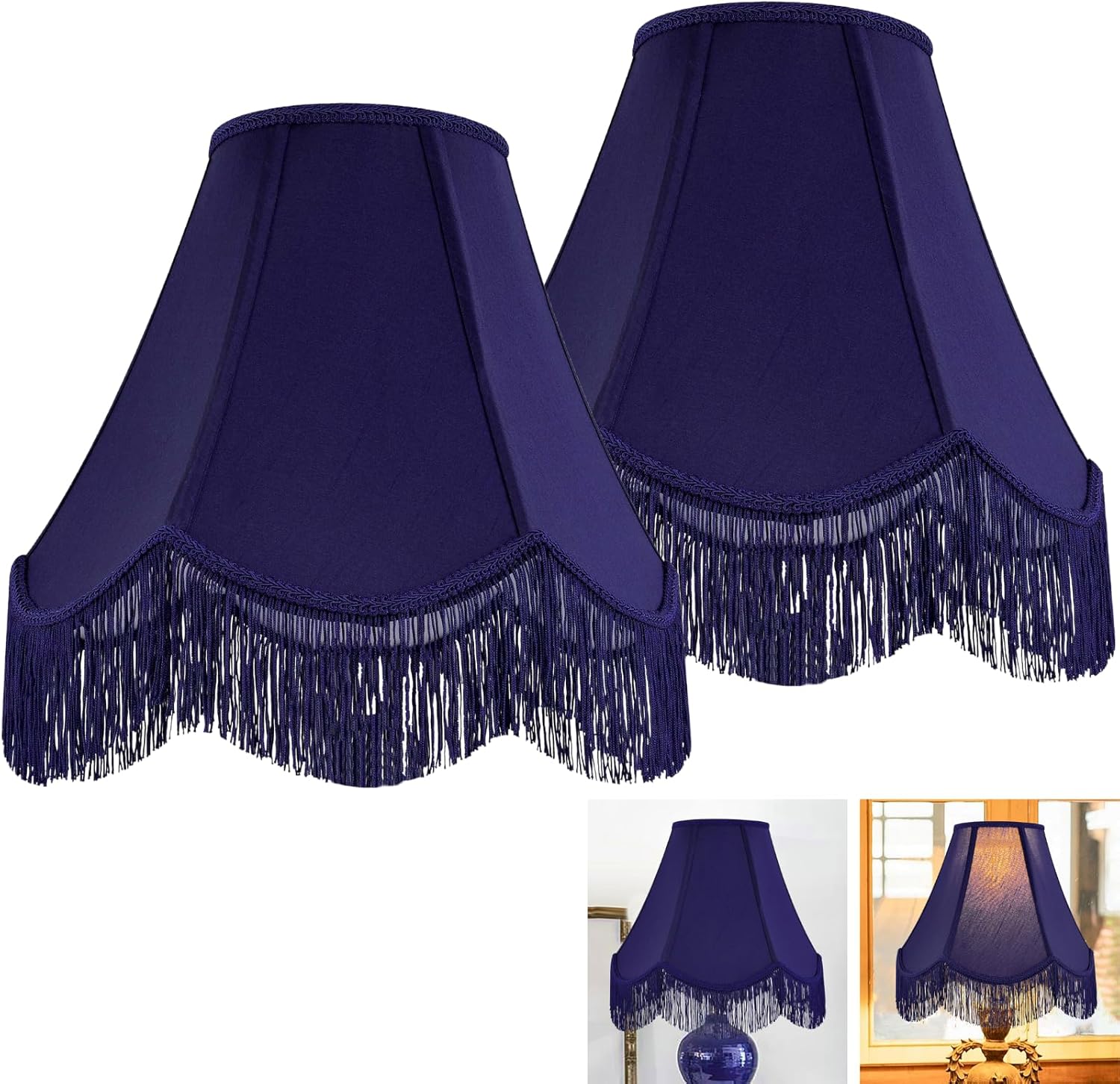 Blue Silk Bell Lamp Shades Set of 2 with Petal Edge Braid