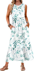 Womens Summer Maxi Dress Sleeveless Crewneck Tiered Sundress