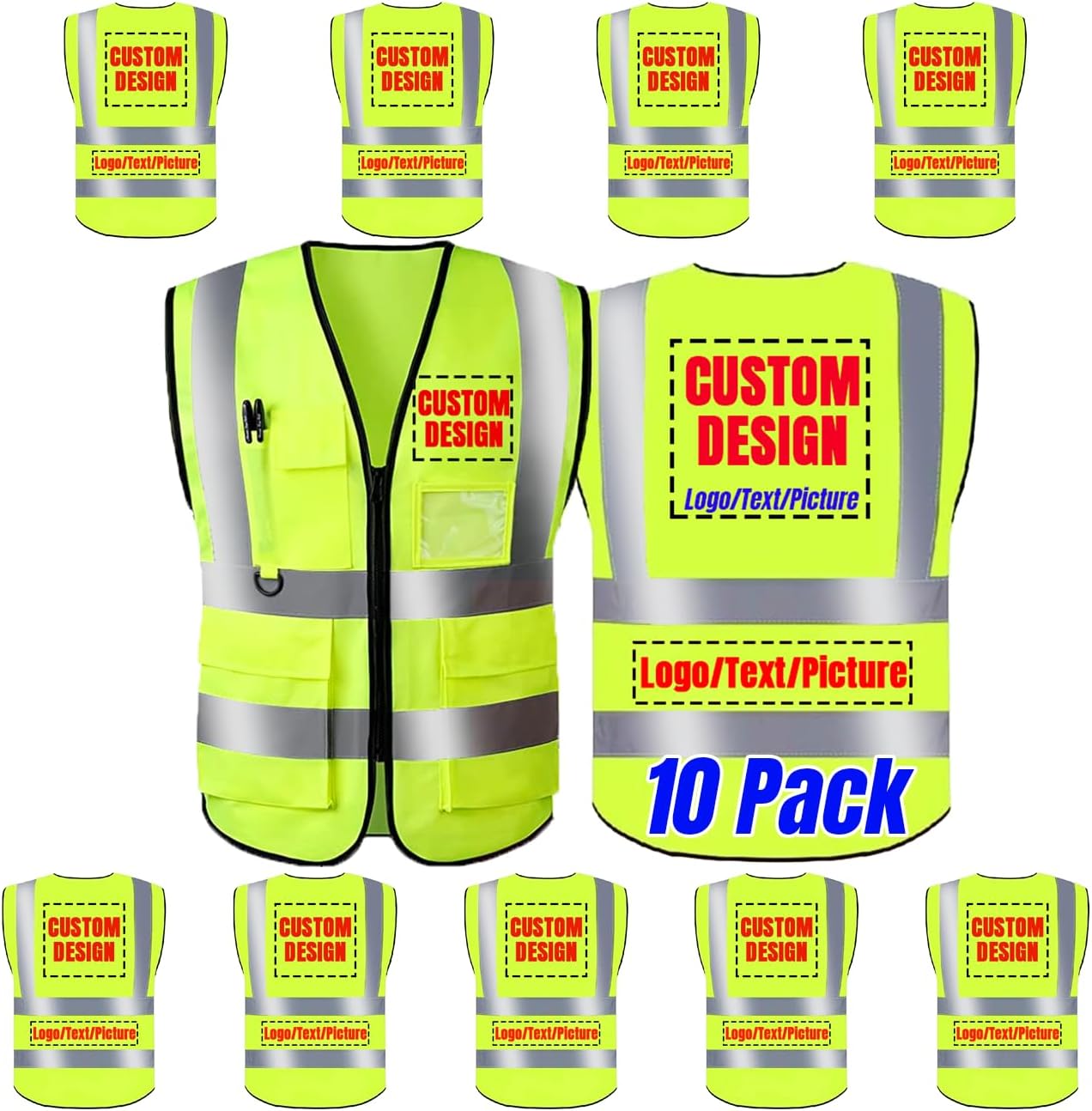 High Visibility Reflective Safety Vest 10 Pack with Pockets