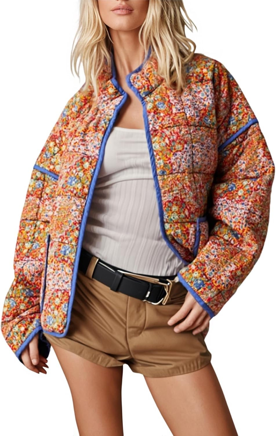 Stylish Women's Cropped Quilted Jacket with Floral Print Design