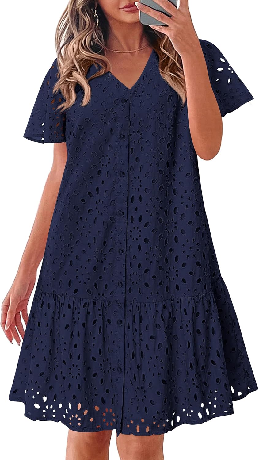 KIRUNDO Summer Dresses for Women 2025 Eyelet Button Down V Neck