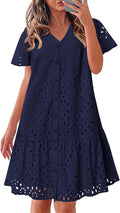 Women Eyelet Button Down V Neck Mini Dress - Cotton Babydoll 2025