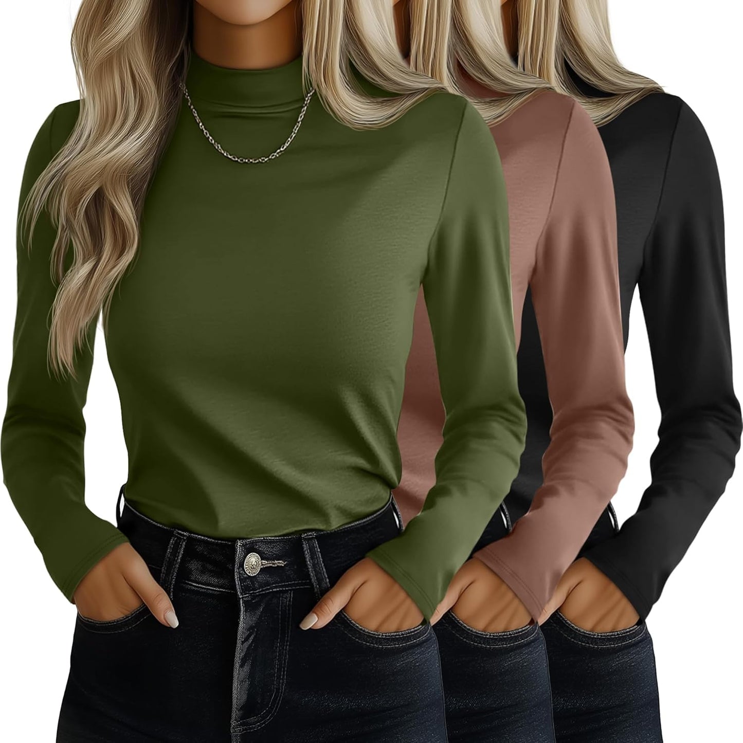 Ficerd 3 Pack Women's Mock Turtleneck Shirts for Stylish Comfort