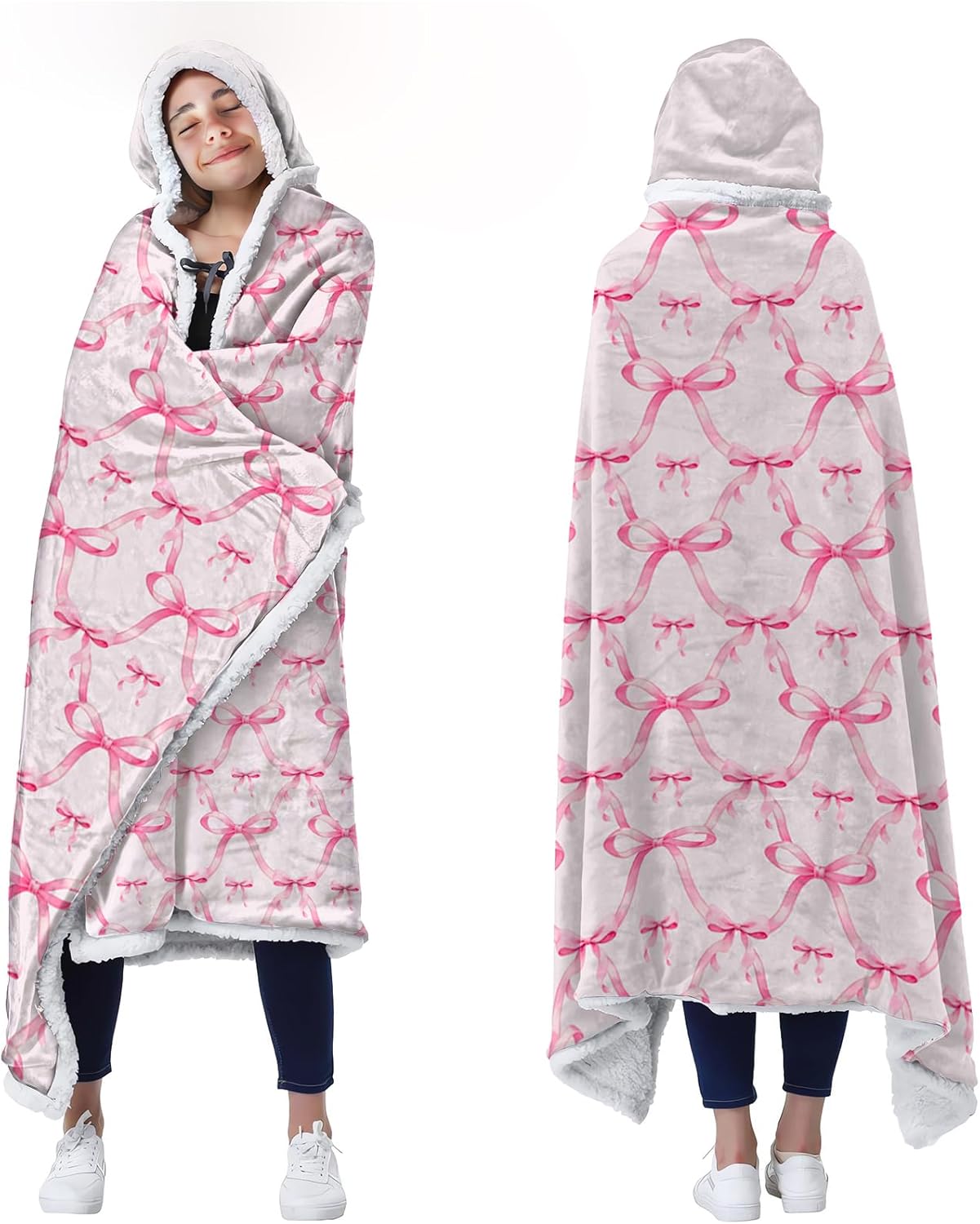 Pink Bow Throw Blanket Hoodie for Women - Cozy and Cute Gift