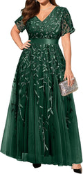 Plus Size Formal Evening Gown with Sequin Embroidery - Long V-Neck