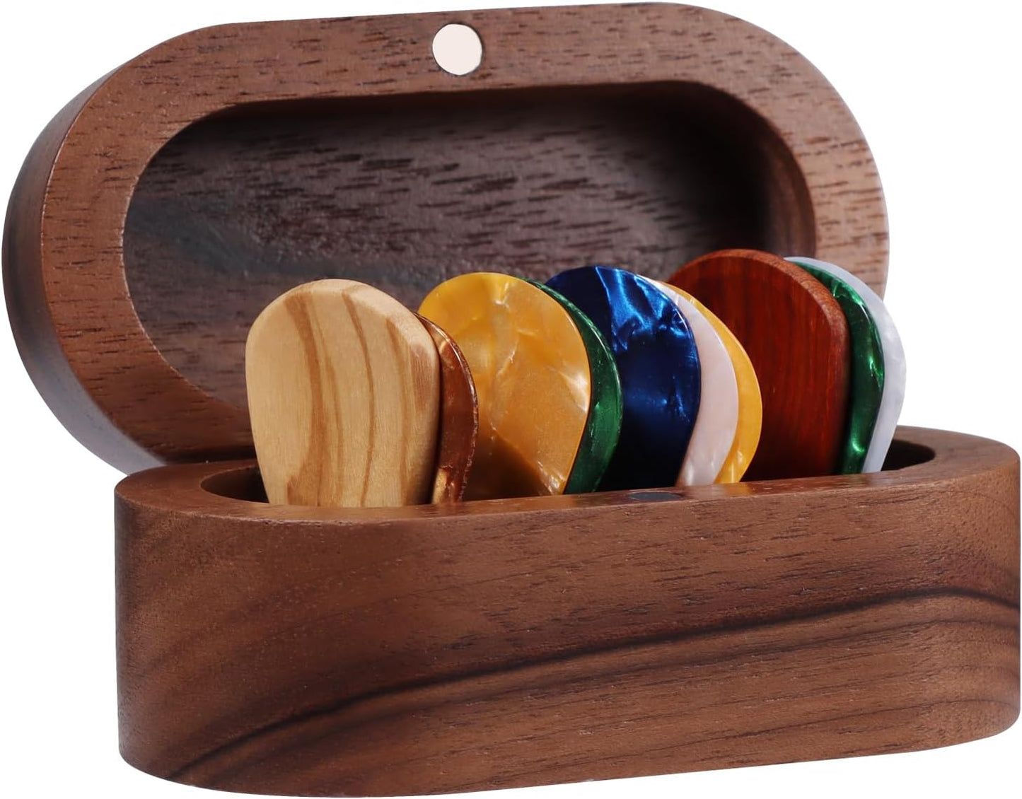 Premium Walnut Guitar Plectrum Holder Set - Includes 10 Plectrums & Mini Jewelry Box