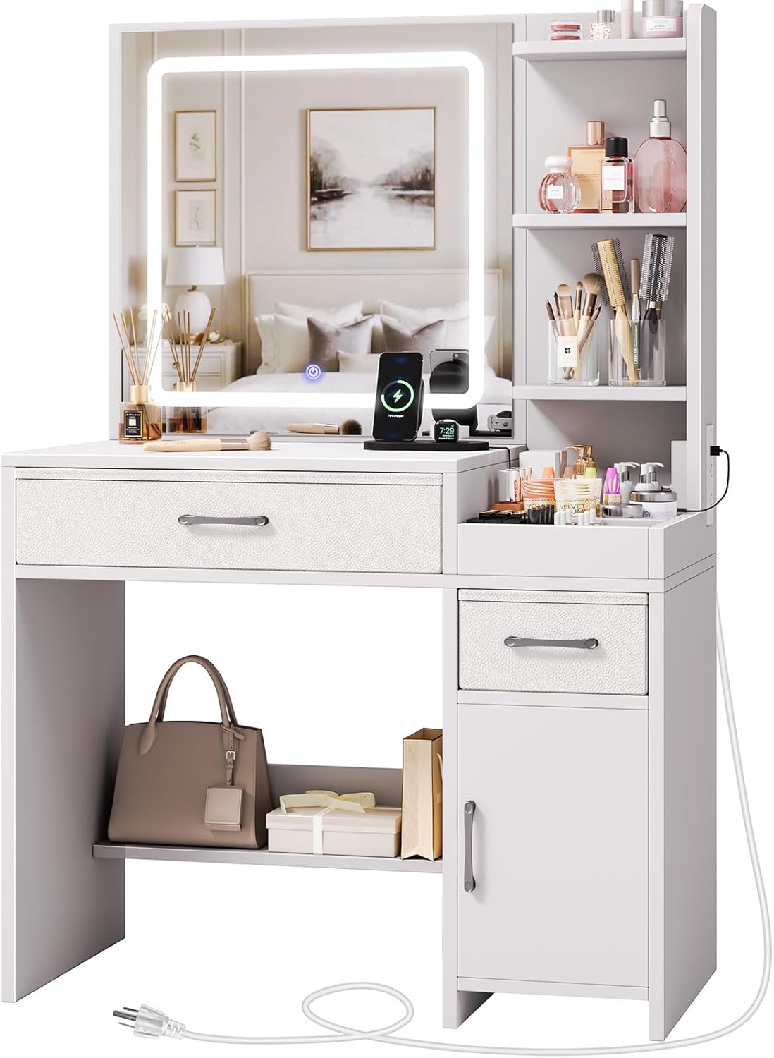 GREENSTELL Vanity Desk with Mirror & Lights, 11 Storage, Power Strip