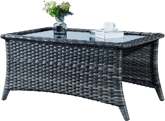 Patio Tables Wicker Coffee Table for Outdoor Spaces with Glass Top
