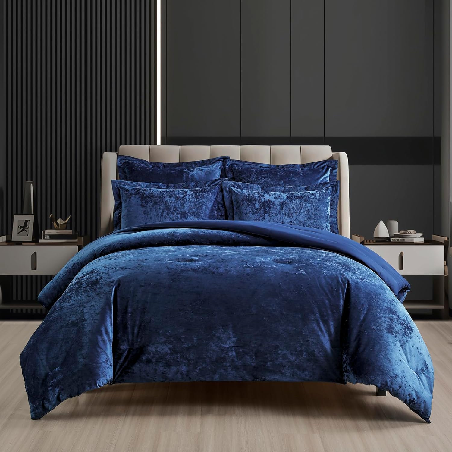 Distressed Velvet Comforter Set, 5 Pieces Navy King by Fredsure