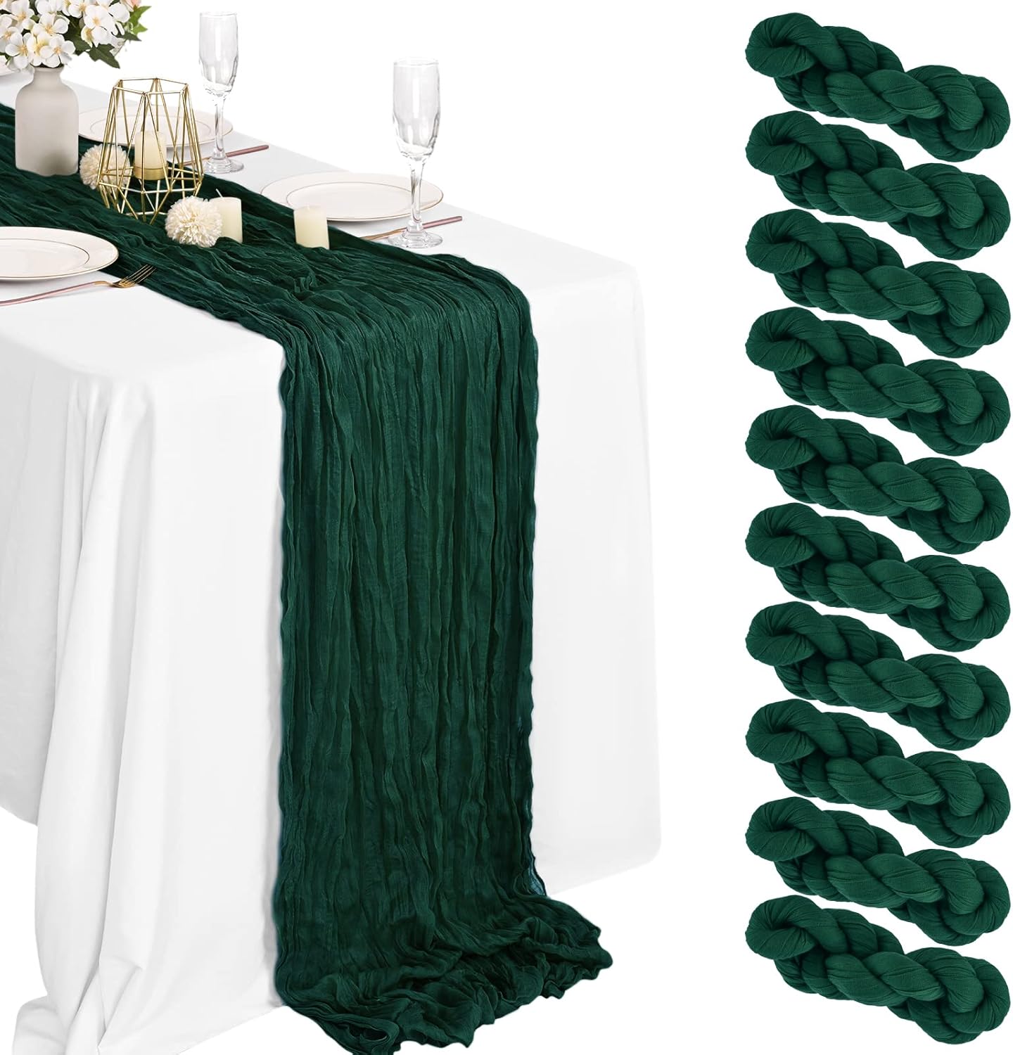 10 Packs Emerald Green Cheesecloth Table Runner for Weddings