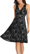 Women's Floral Lace Fit and Flare Dress - V-Neck Knee Length Elegant