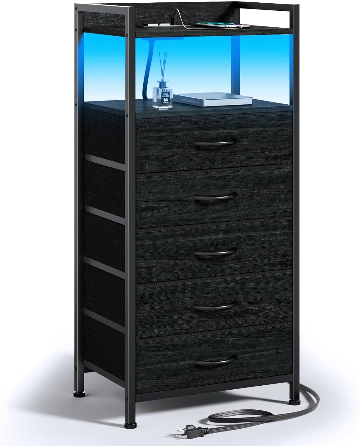 Furnulem Night Stand with Charging Station and LED Light Features