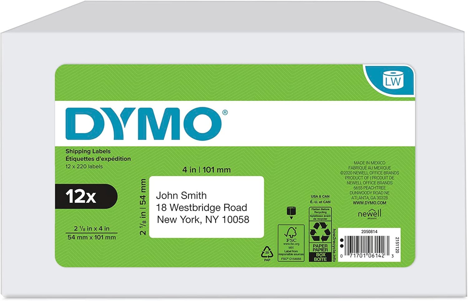 DYMO Standard Shipping Labels - 12 Rolls of 220, White, 2-1/8'' x 4''