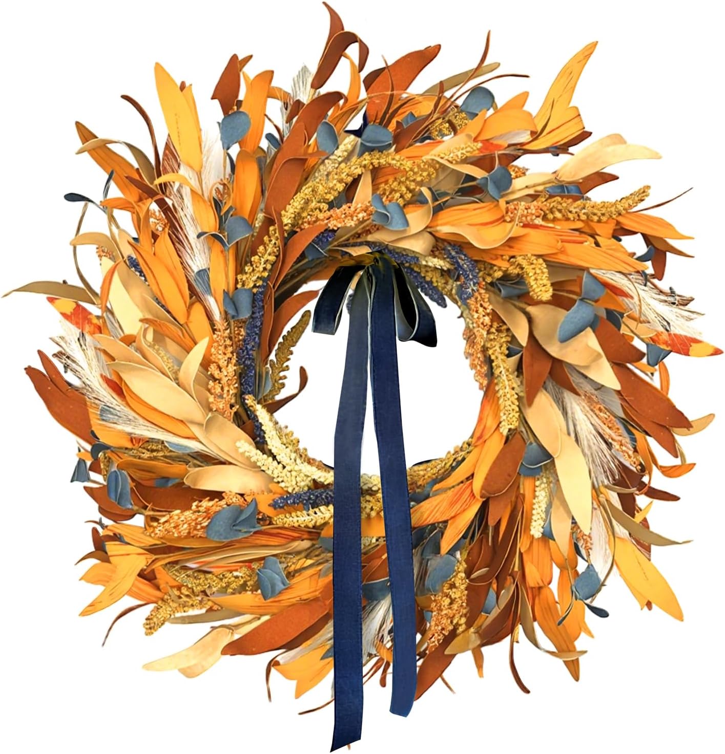 24 Inch Handmade Fall Wreath for Front Door with Blue Bow