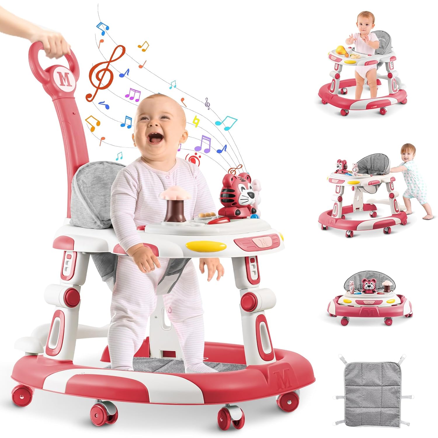 5-in-1 Adjustable Baby Walker - Music & Toys Tray - Pink