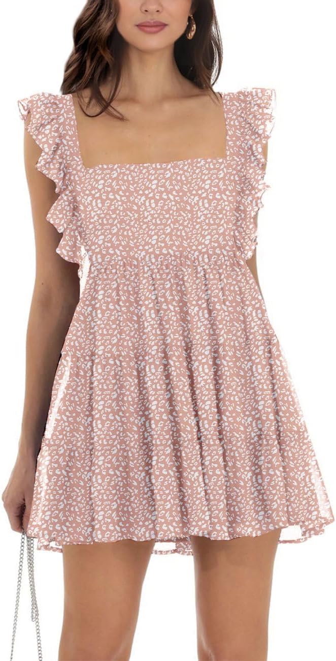 Womens Summer Square Neck Tie Back Ruffle Sleeve Mini Dress