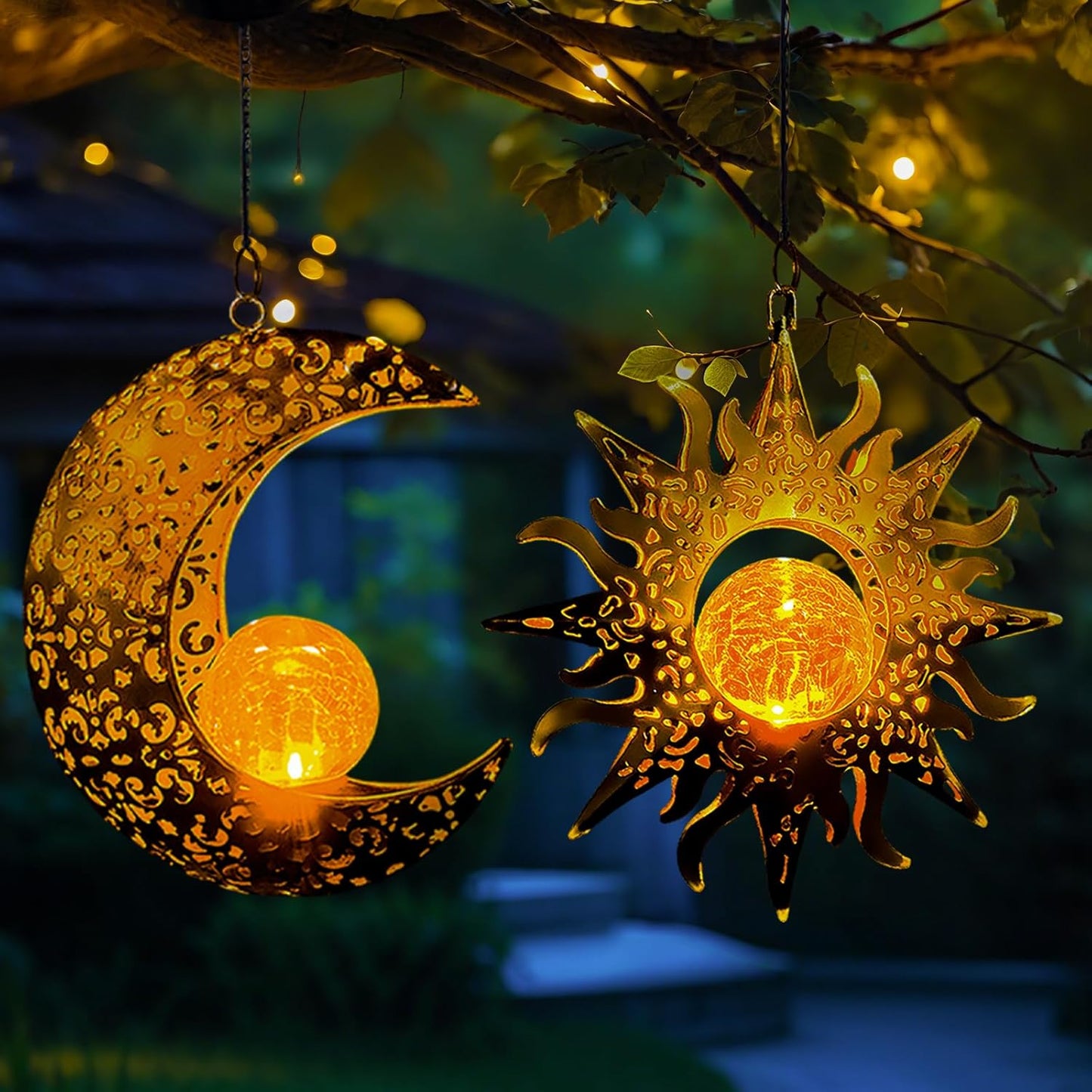 Solar Hanging Sun and Moon Lights for Outdoor Garden Decor