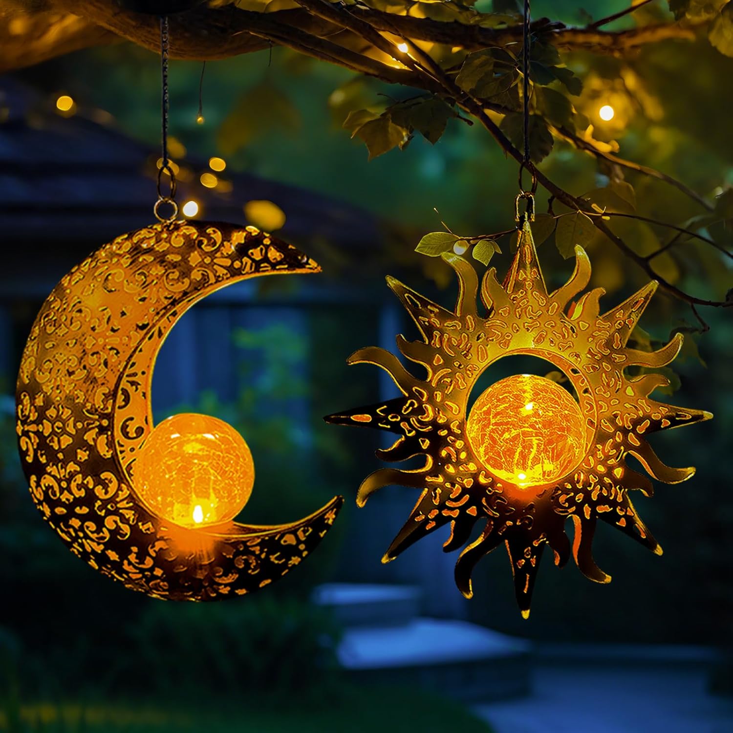 Solar Hanging Sun and Moon Lights for Outdoor Garden Decor