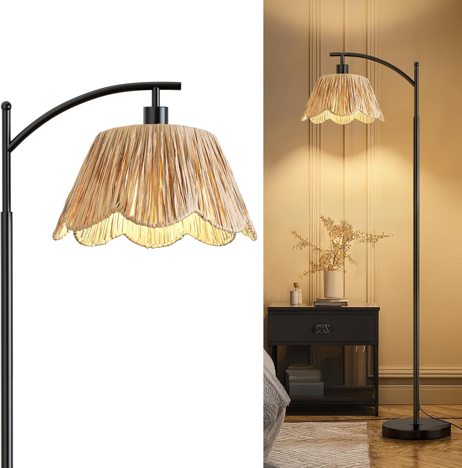 Oneach Arc Floor Lamp for Living Room with Rattan Shade