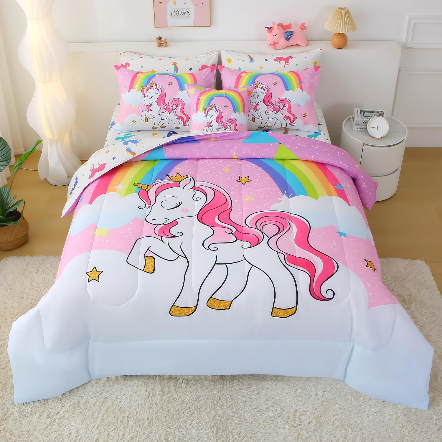 JQinHome Unicorn Twin Bedding Sets for Girls - 6 Piece Bed Set