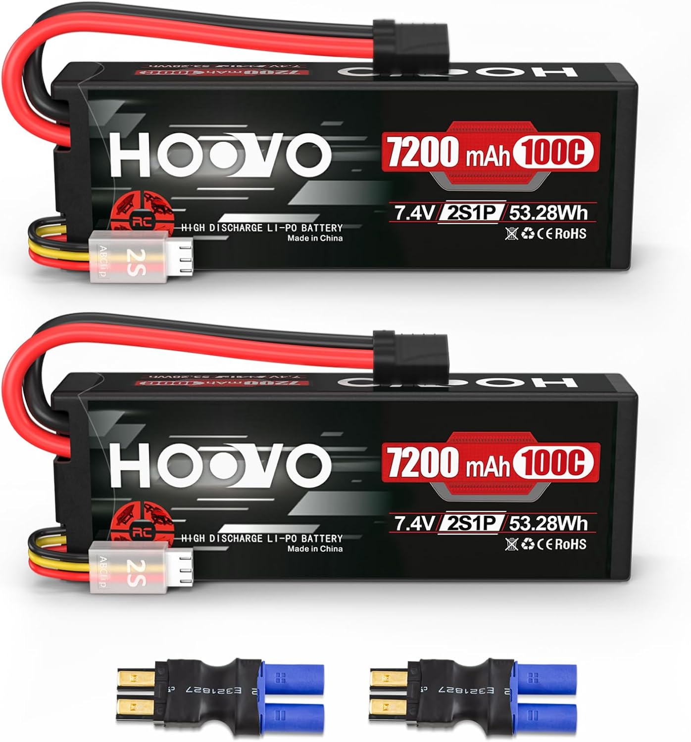 HOOVO 2S Lipo Battery 7.4V 7200mAh for RC Vehicles - 2 Pack