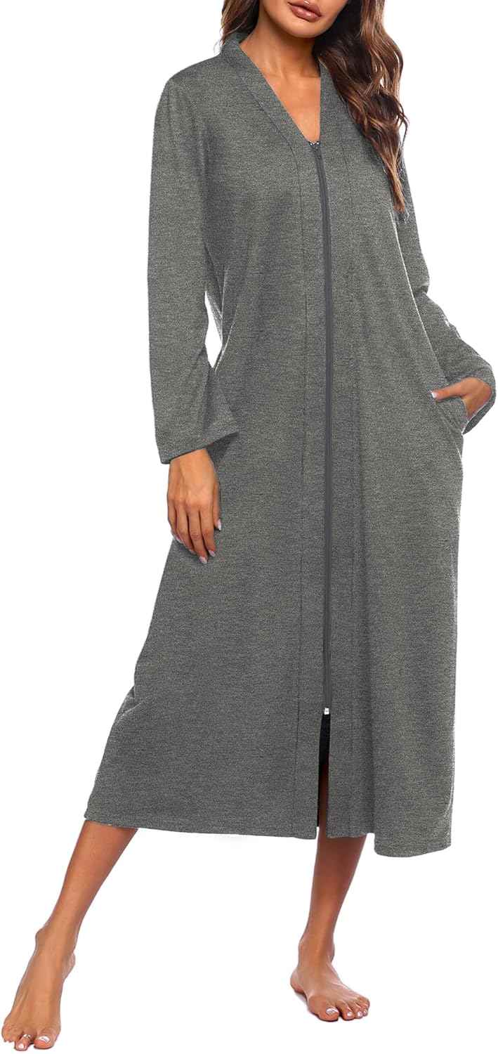 Ekouaer Women Zipper Robe Long Sleeve Loungewear with Pockets
