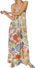 Women Boho Floral Maxi Dress Backless Spaghetti Strap (Style D62Z)